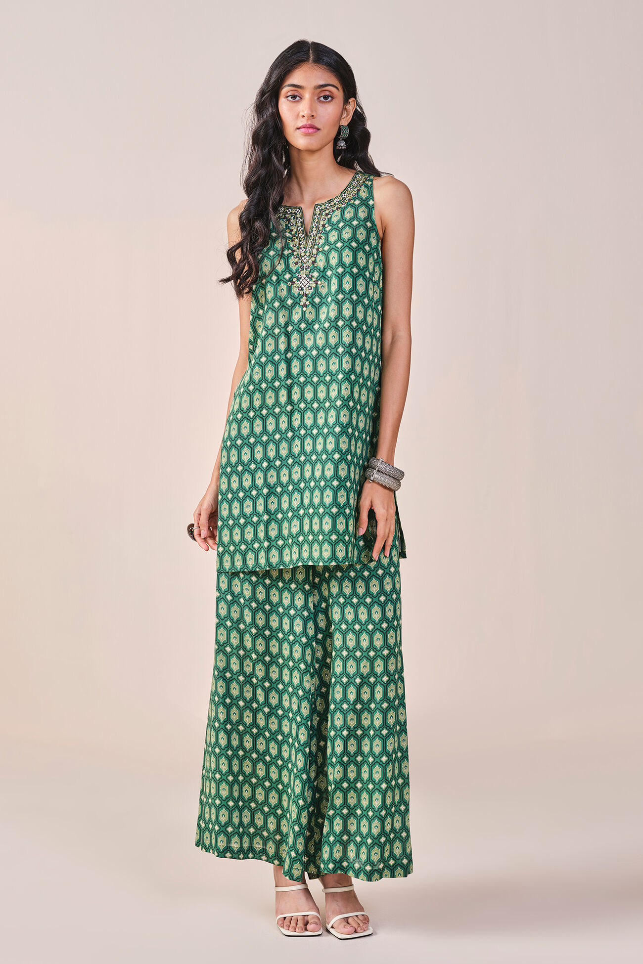 Lattice Inspired Print Viscose Kurta Set, Green, image 4