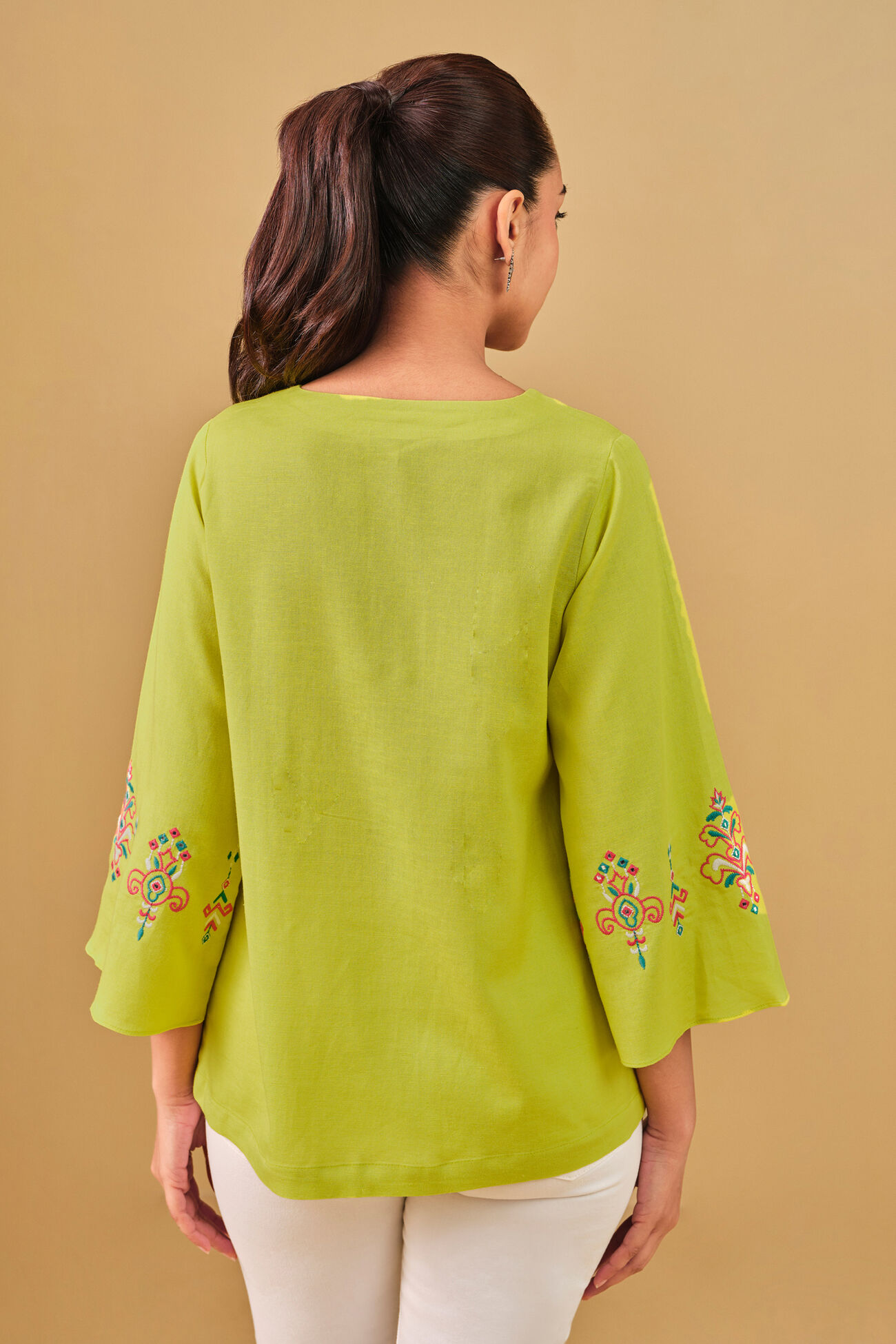 Pleated Lime Green Embroidered Top, Lime, image 5