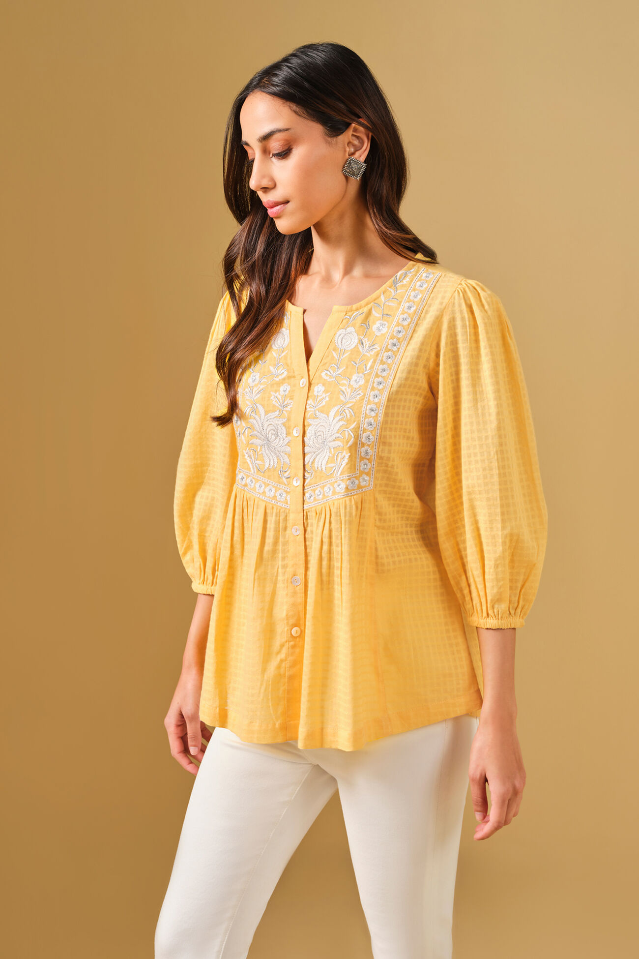 Floral Embroidered Yellow Viscose Top, Yellow, image 3