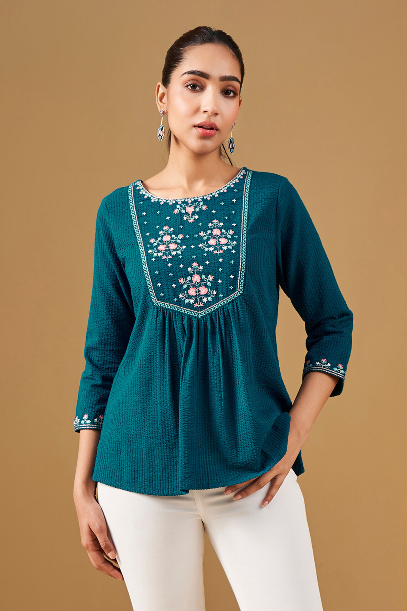 Floral Embroidered Teal Top, Teal, image 1