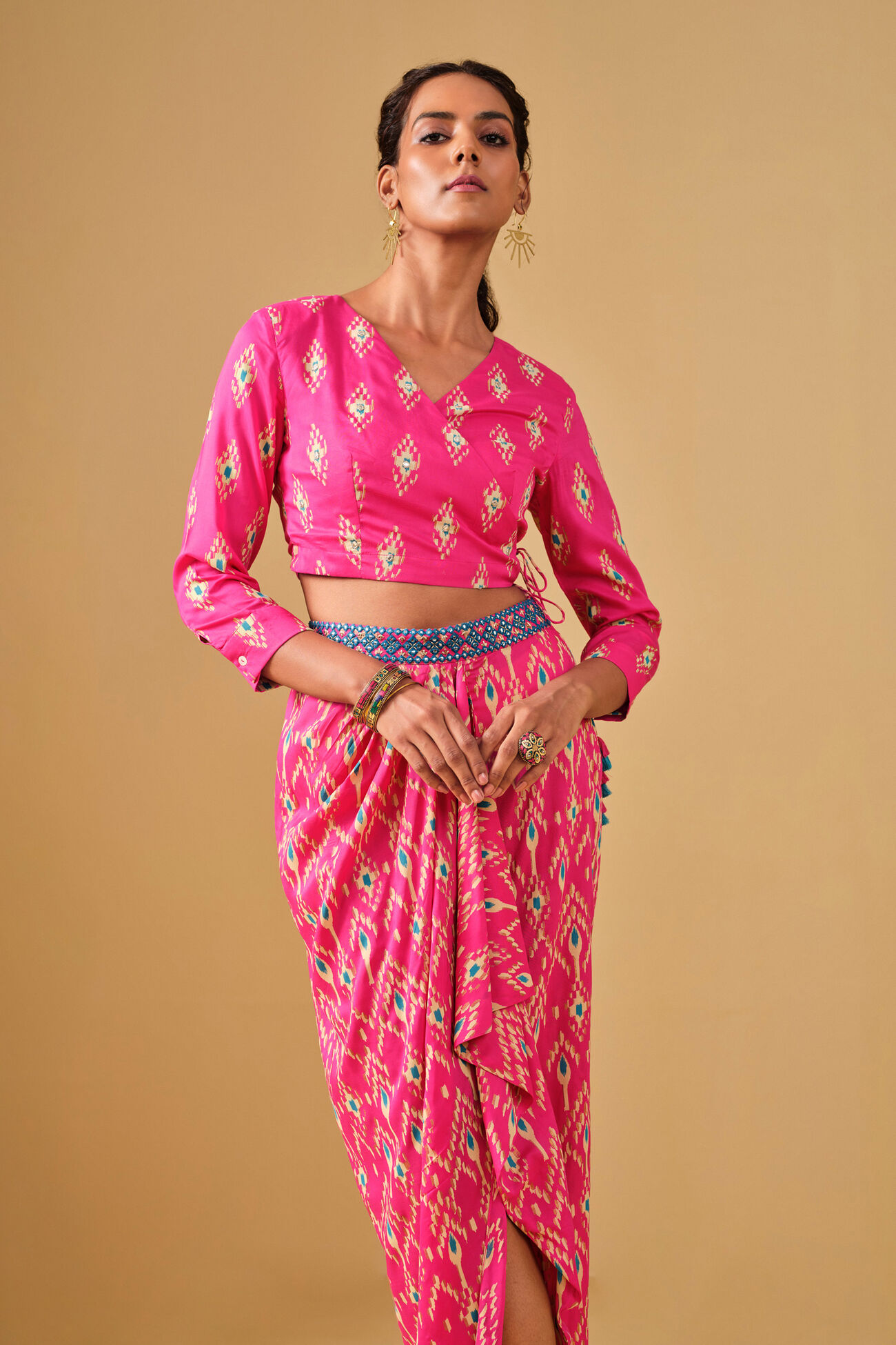 Ikat Inspired Pink Viscose Skirt Set, Pink, image 8
