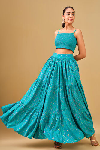 Bandhani Inspired Blue Viscose Skirt Set, Aqua, image 3
